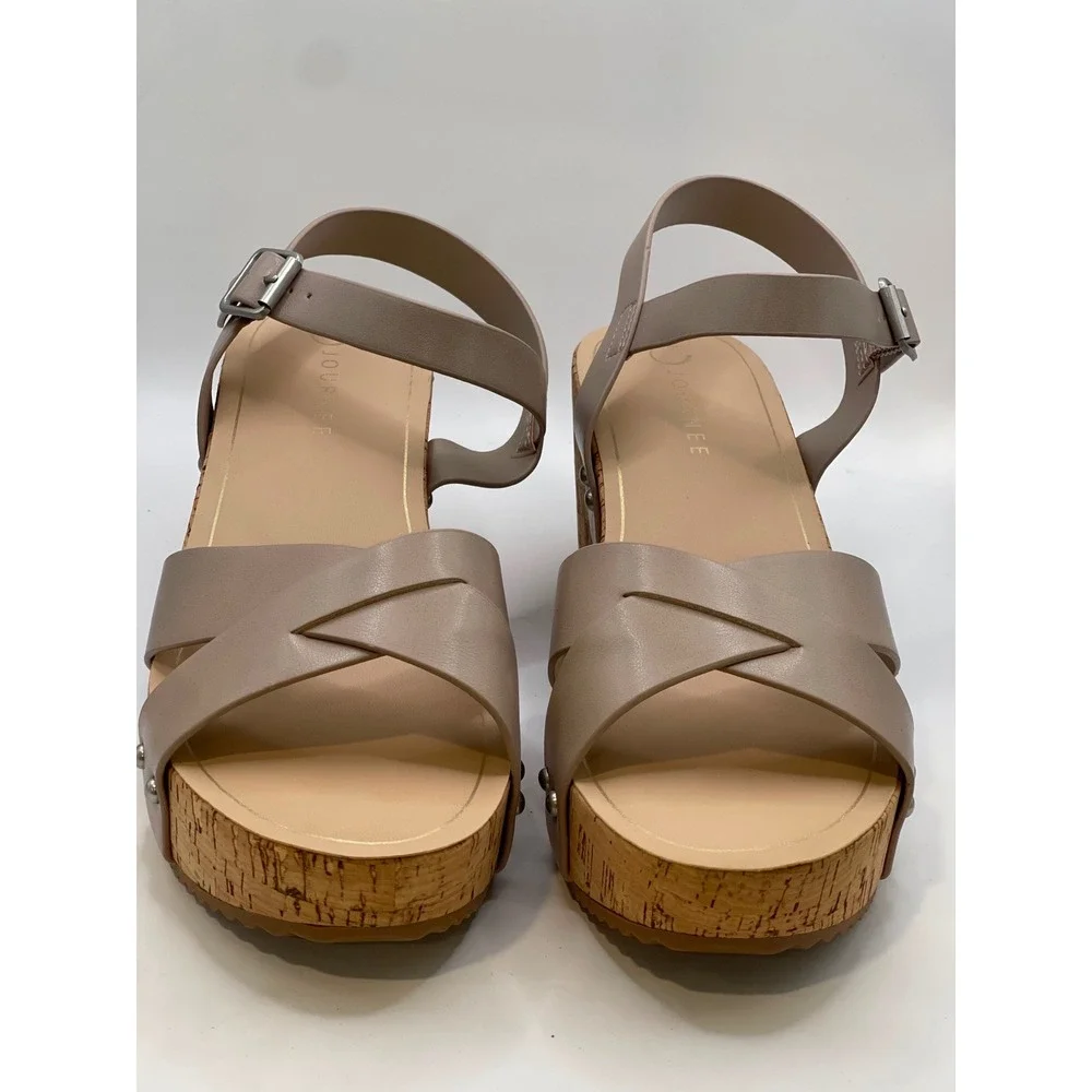 Journee Collection Valentina Taupe Cork Platform Wedge Sandals Womens 12M New